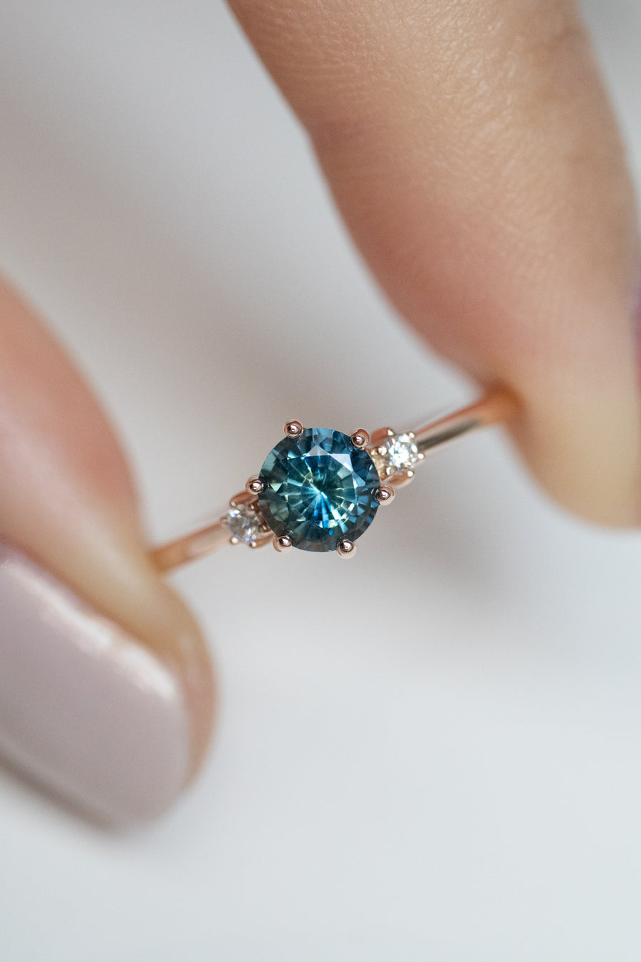 0.67carat Round Teal Sapphire (Unheated with Certificate) & 0.04carat Diamonds 18K Rose Gold Ring with total 0.045carat Stacking Ring