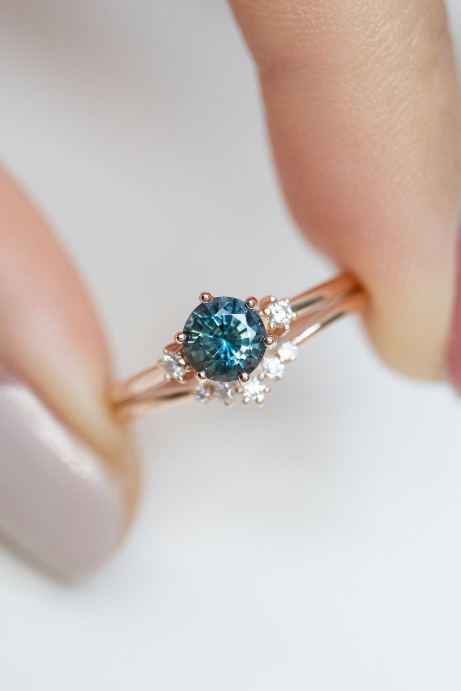 0.67ct Unheated Round Teal Sapphire (with cert) & D 0.04ct Diamonds 18K Rose Gold Ring with D0.045ct Stacking Ring