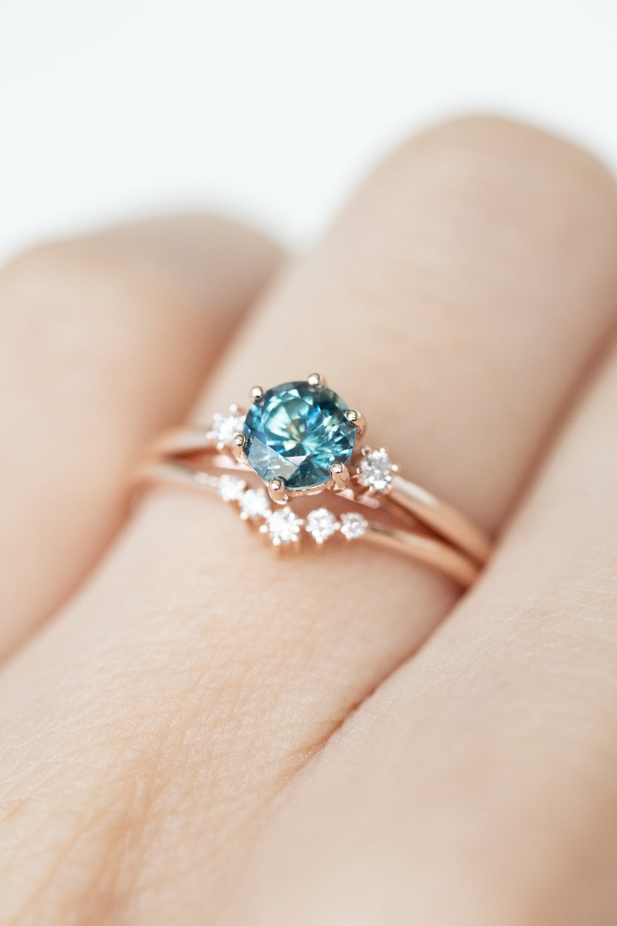 0.67ct Unheated Round Teal Sapphire (with cert) & D 0.04ct Diamonds 18K Rose Gold Ring with D0.045ct Stacking Ring