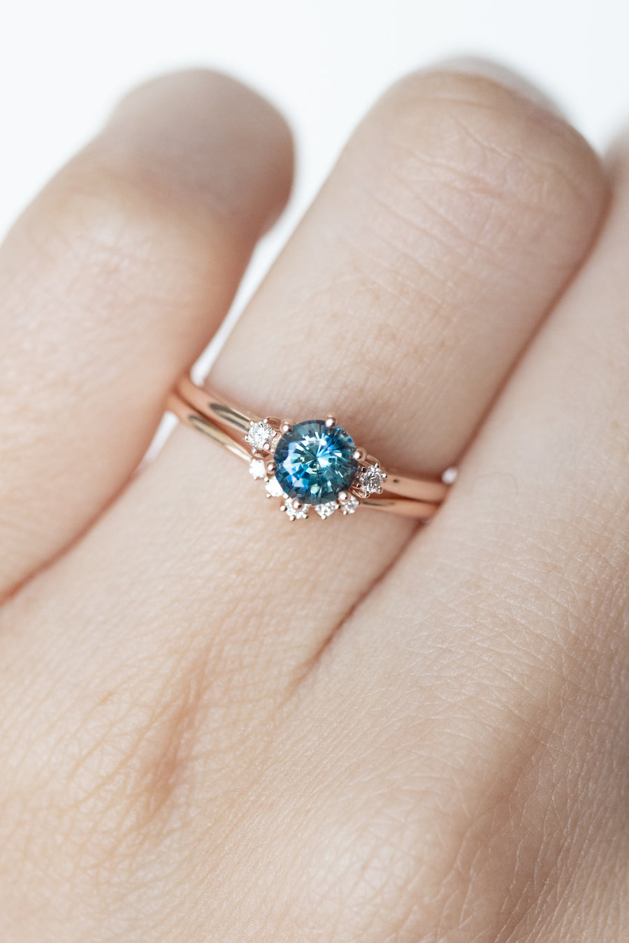 0.67ct Unheated Round Teal Sapphire (with cert) & D 0.04ct Diamonds 18K Rose Gold Ring with D0.045ct Stacking Ring