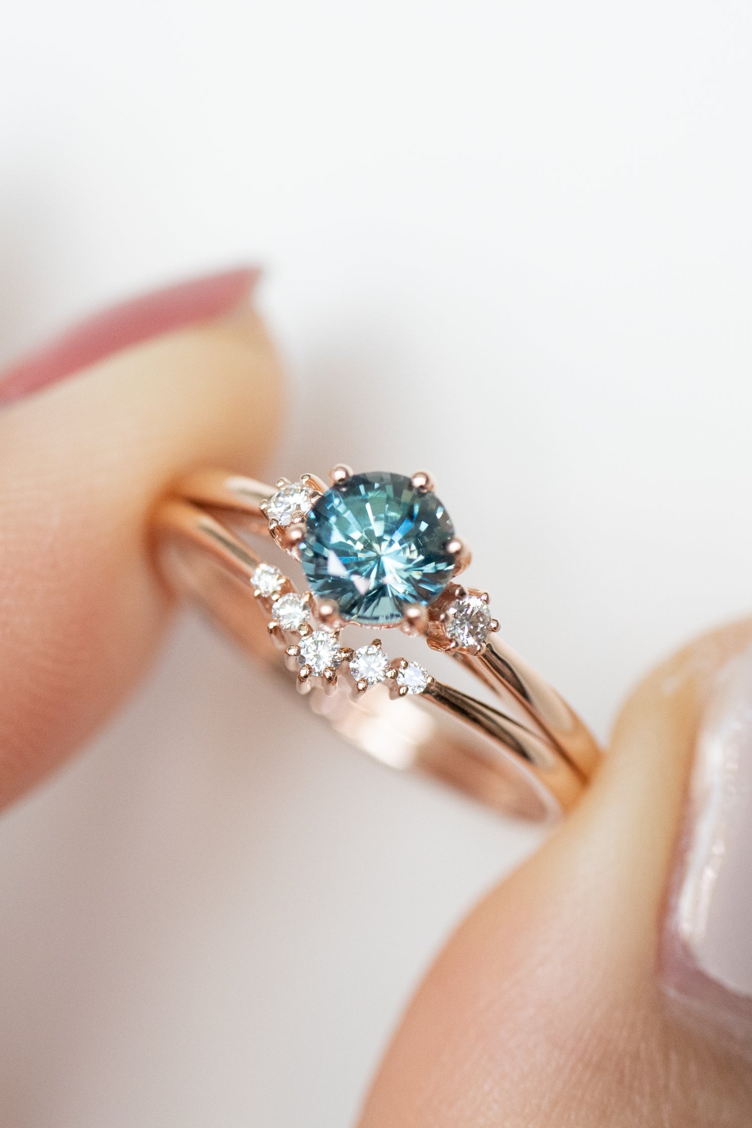 0.67ct Round Teal Sapphire (Unheated with Certificate) & diamonds 18K Rose Gold Ring with diamonds Stacking Ring