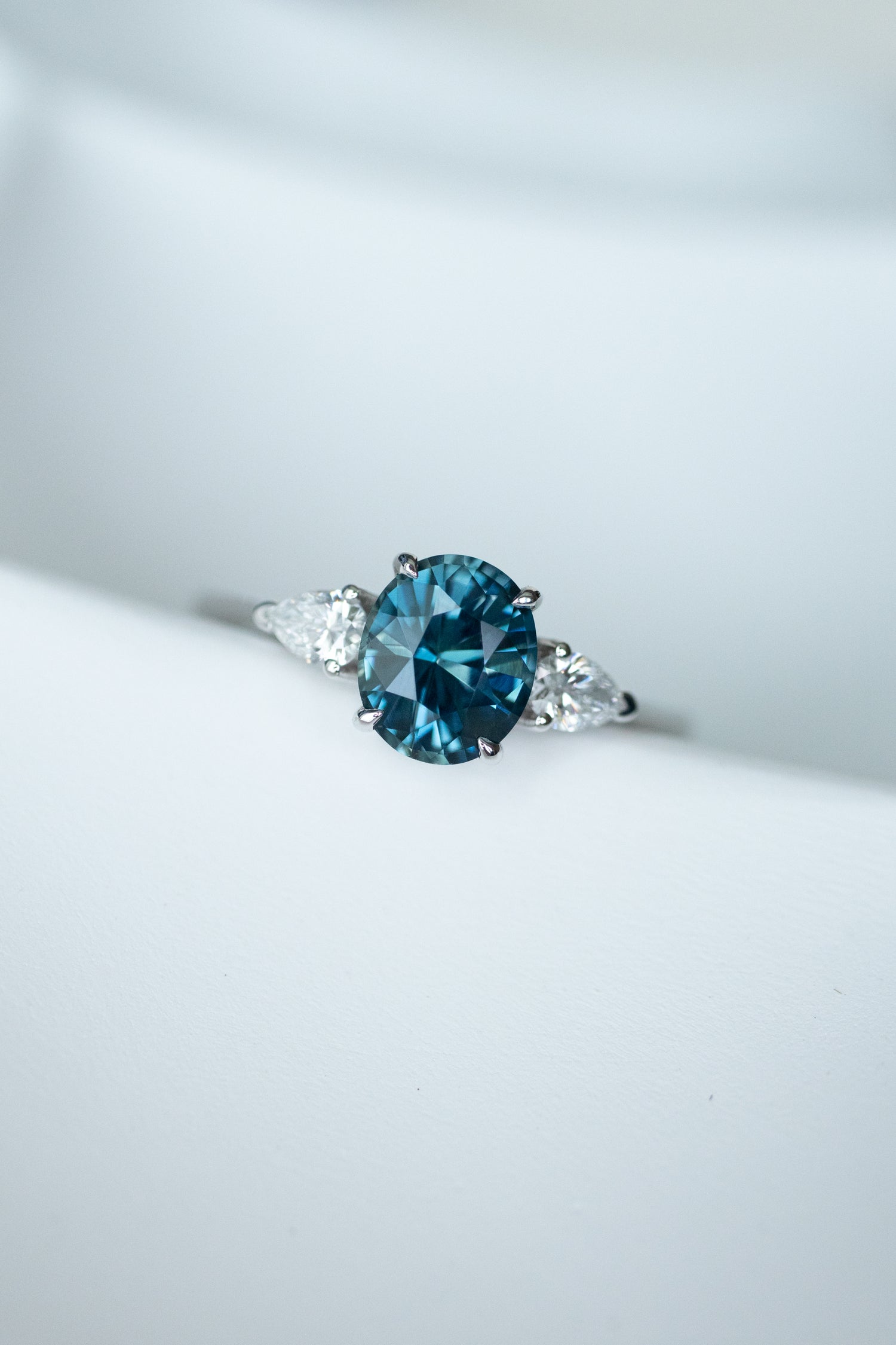 1.36ct Three Stone Oval Sapphire (Unheated With Certificate) & Pear Diamonds 18K White Gold Engagement Ring