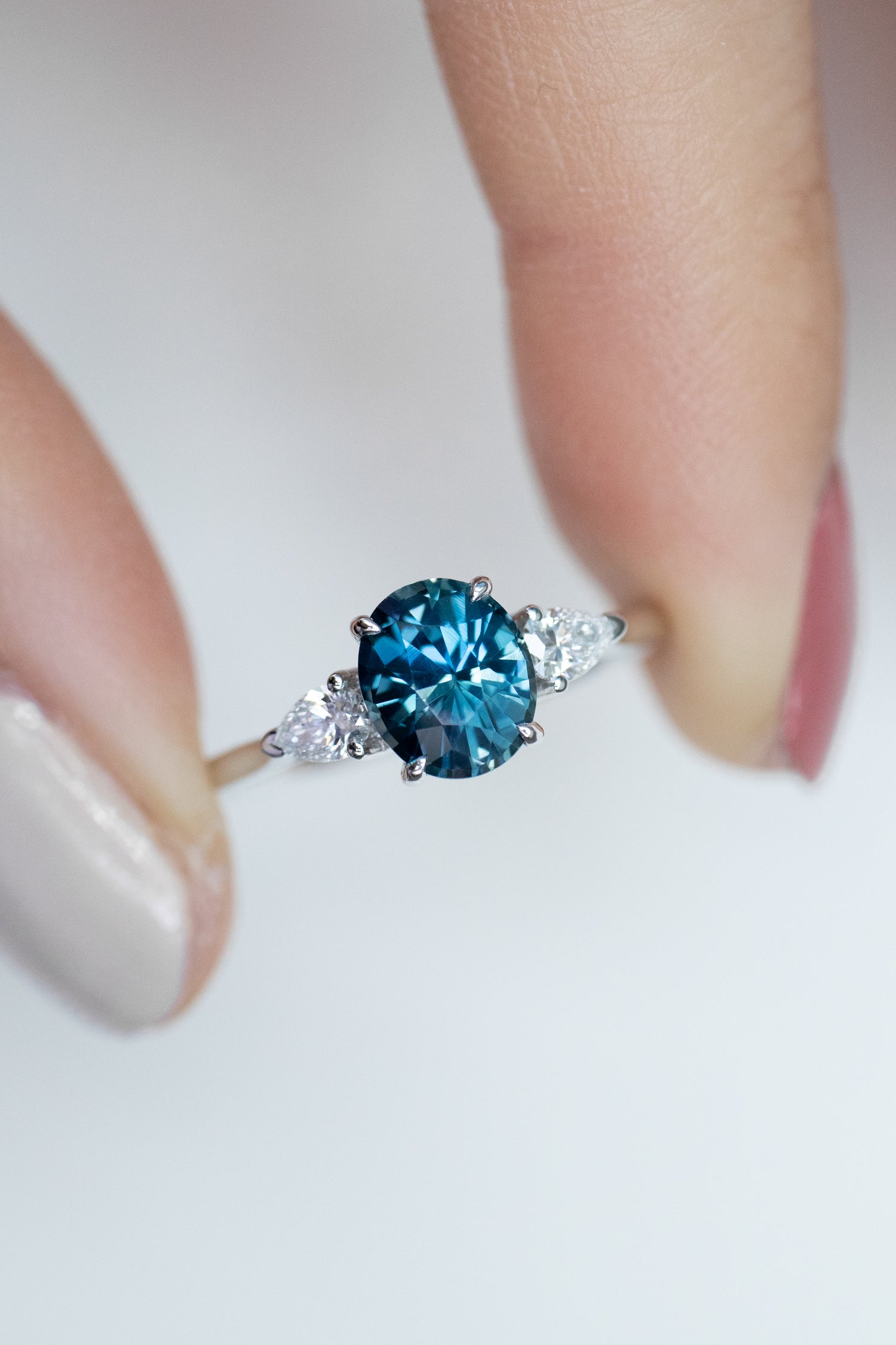 1.36ct Three Stone Oval Sapphire (Unheated With Certificate) & Pear Diamonds 18K White Gold Engagement Ring