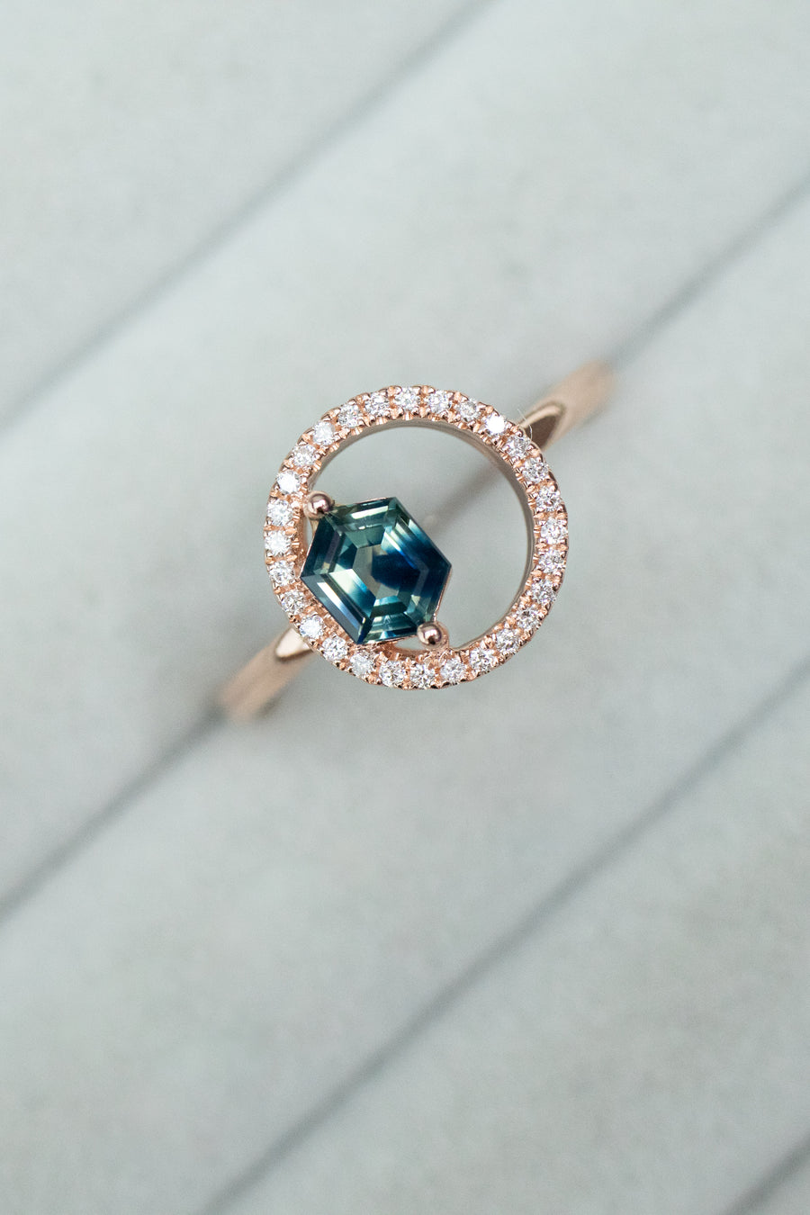 0.52ct Teal Sapphire & Total 0.14ct Diamonds 18K Rose Gold Ring