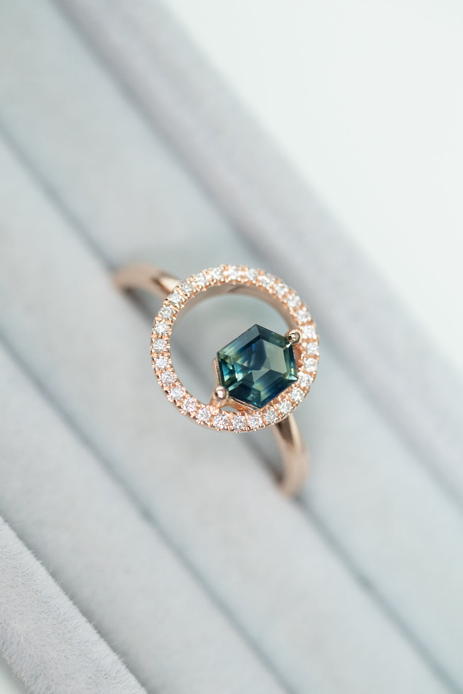 0.52ct Teal Sapphire & Total 0.14ct Diamonds 18K Rose Gold Ring