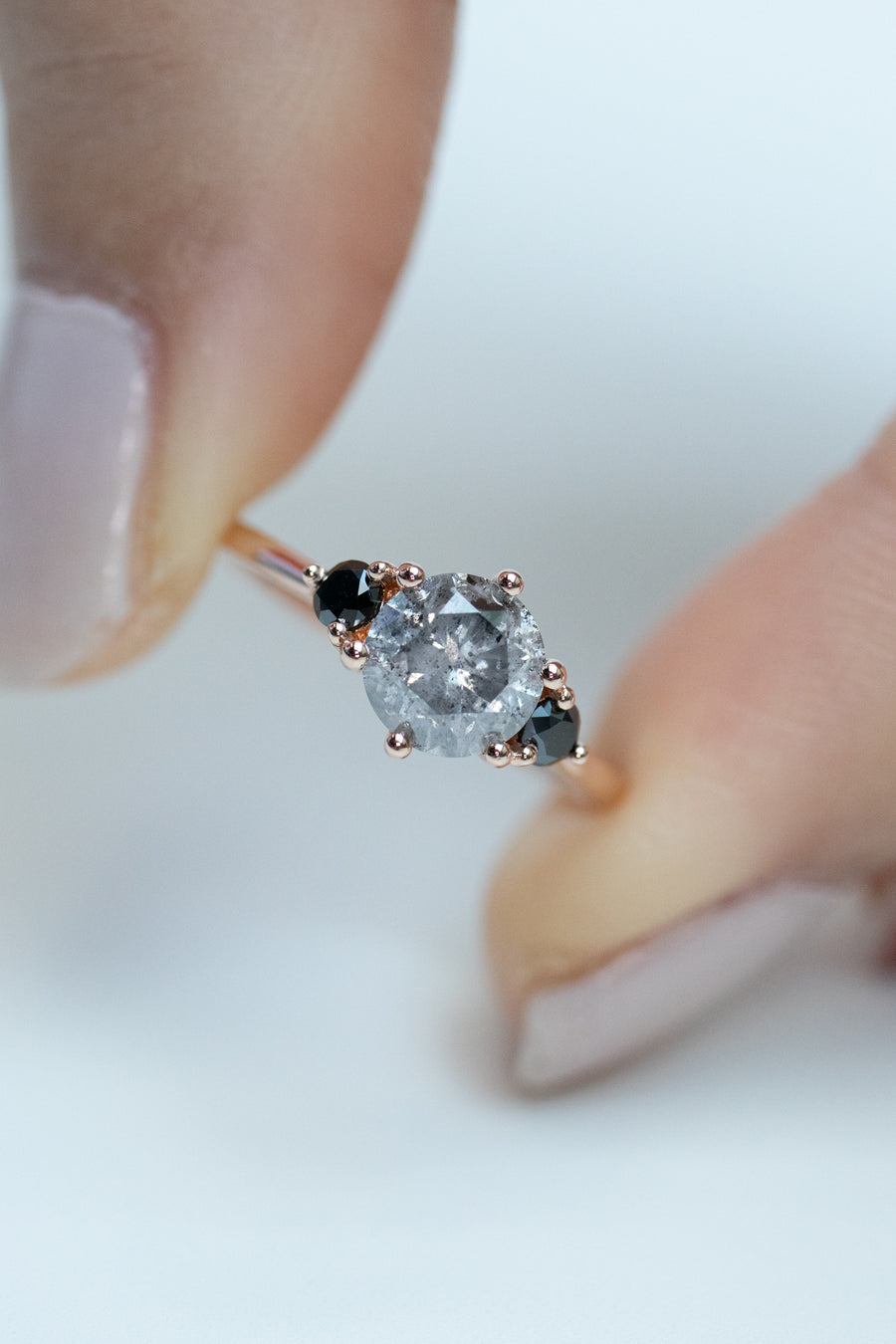 1.03ct Grey Salt and Pepper Diamond & Black Diamonds 18K Rose Gold Ring