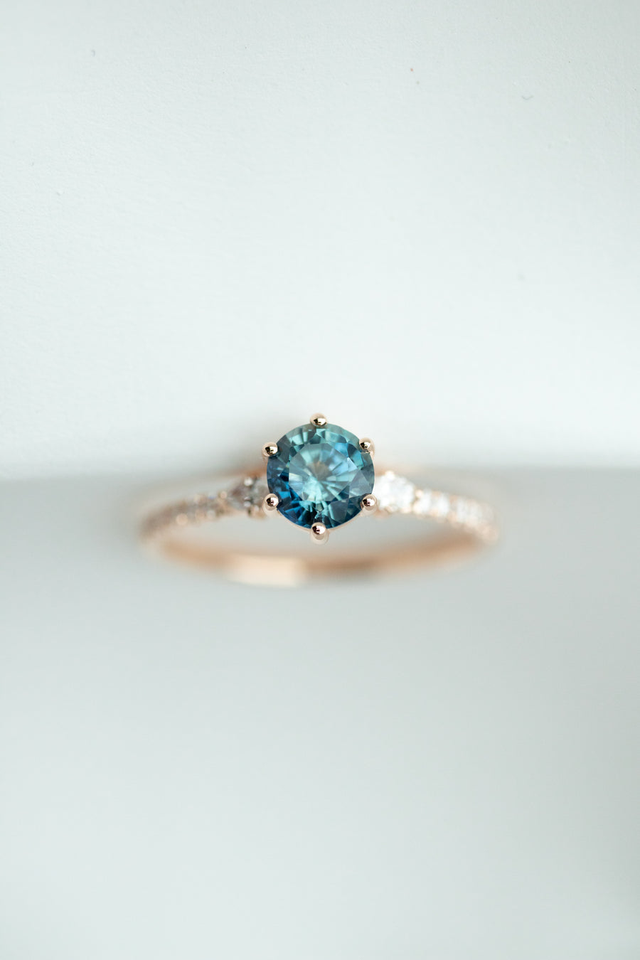 0.79ct Unheated Round Teal Green Sapphire (With Cert) & Total 0.14ct Diamonds 18K Rose Gold Ring