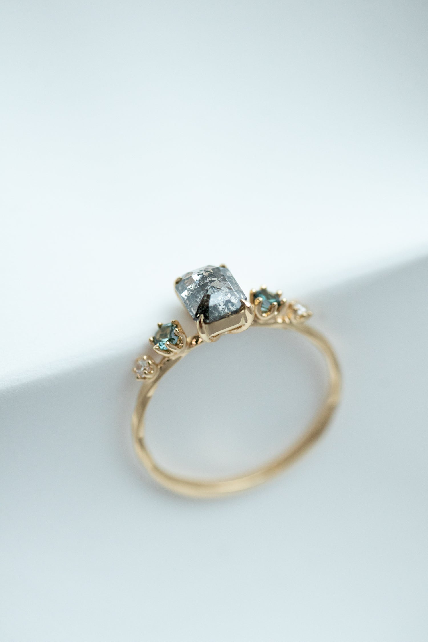 0.55ct Salt & Pepper Diamond with Sapphire & White Diamonds 18K Yellow Gold Ring