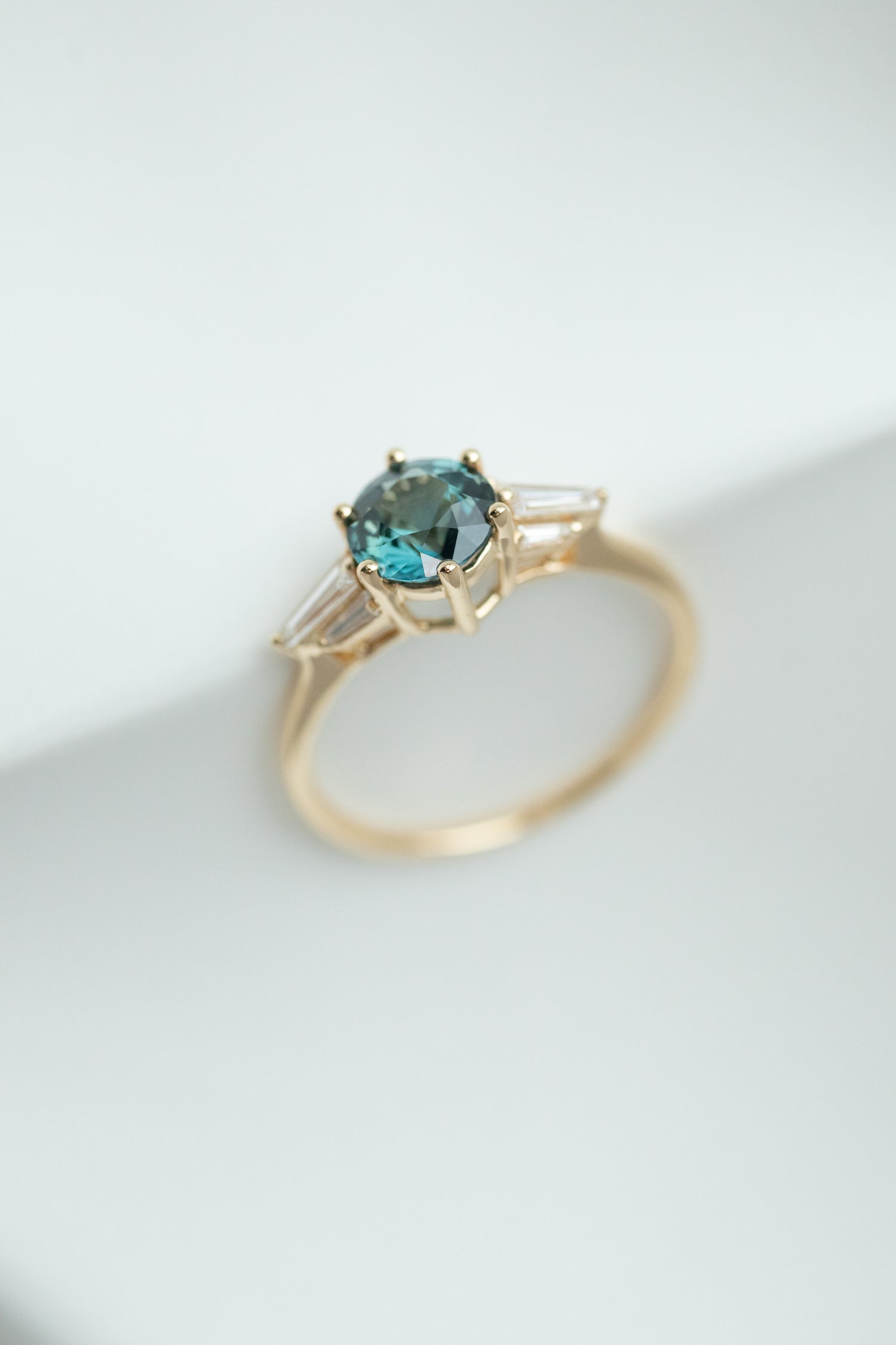 Tapered Baguette Teal Green Sapphire 1.05ct (with Certificate) & diamonds 18K Yellow Gold Engagement Ring