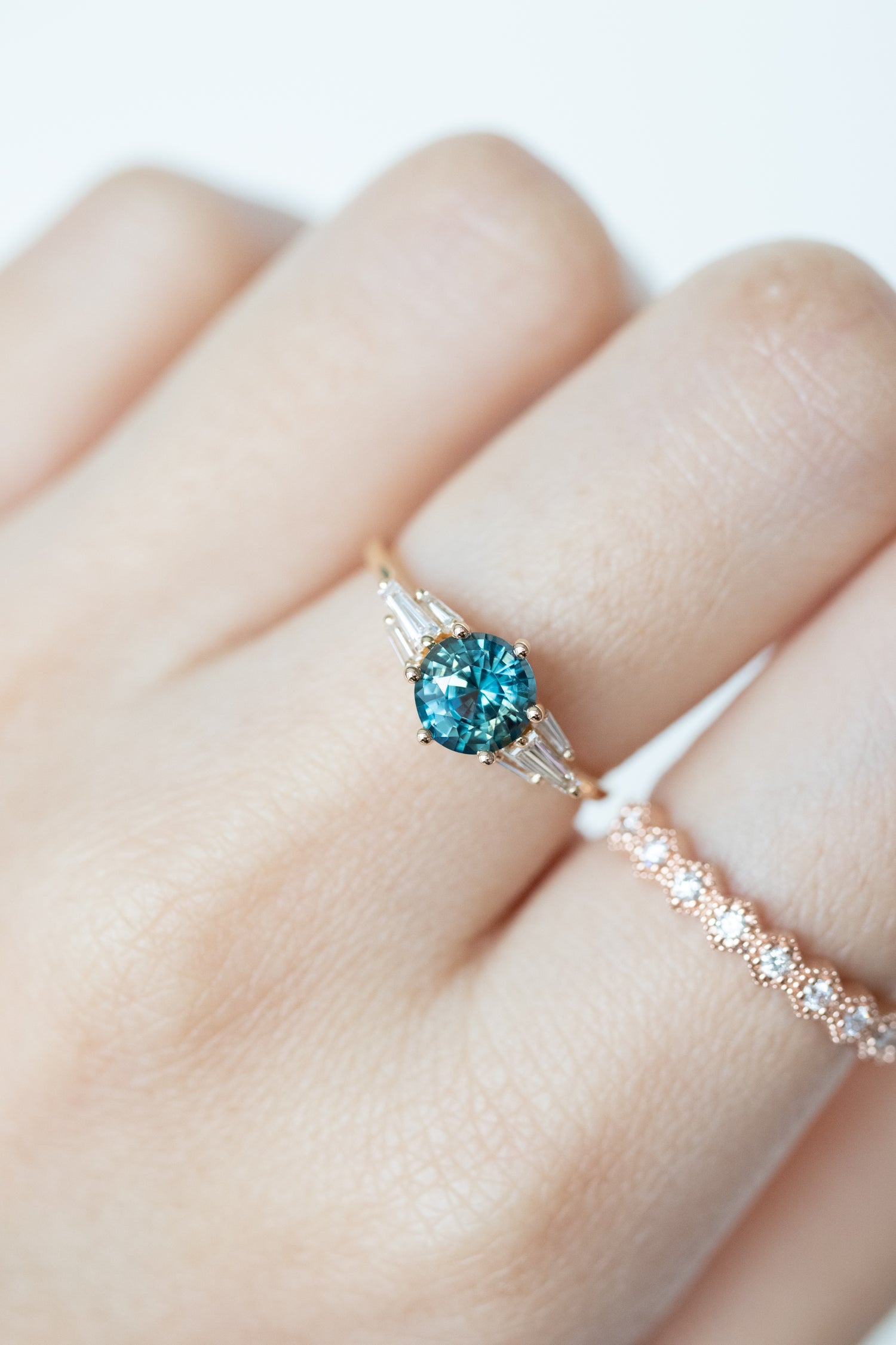 Tapered Baguette Teal Green Sapphire 1.05ct (with Certificate) & diamonds 18K Yellow Gold Engagement Ring