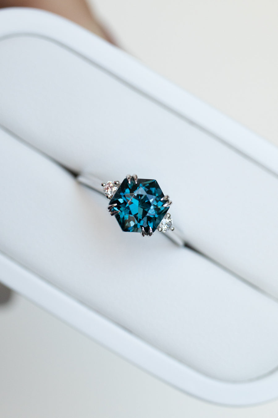 2-2.3carat Hexagon Navy Blue Topaz & Total 0.10carat Diamonds 18K/14K White Gold Ring