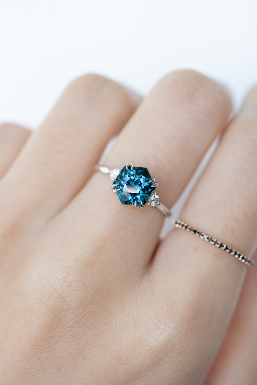 2-2.3carat Hexagon Navy Blue Topaz & Total 0.10carat Diamonds 18K/14K White Gold Ring