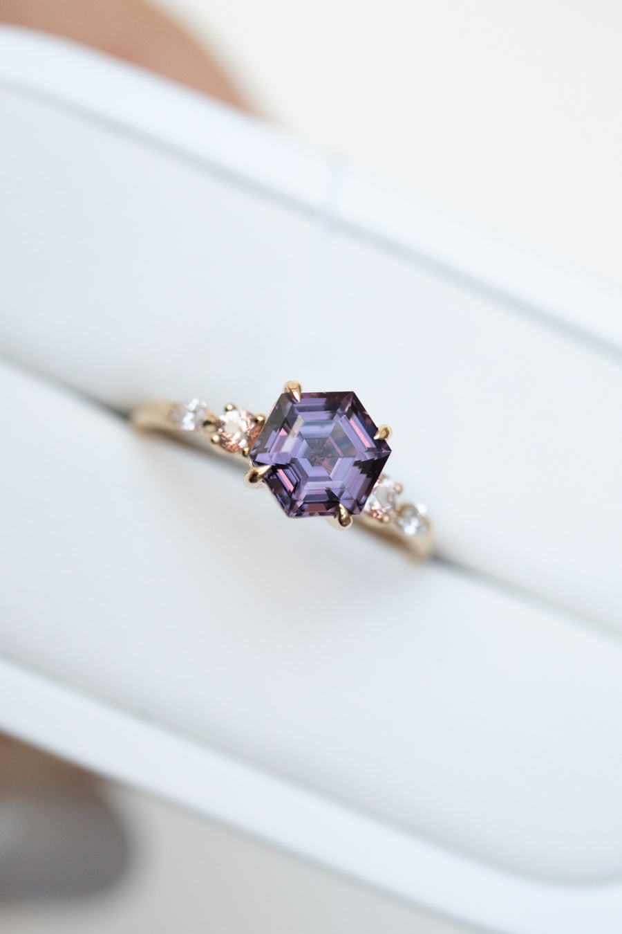 1.21ct Hexagon Purple Spinel with Small Pink Spinel & 0.07ct Diamonds 18K Yellow Gold Ring