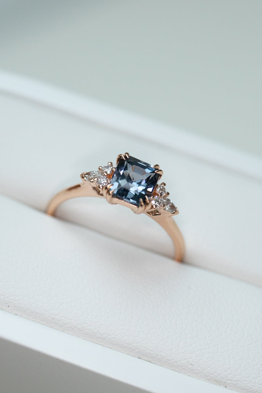 1.30ct Emerald Greyish Blue Spinel & 0.13ct Diamonds 18K Rose Gold Ring