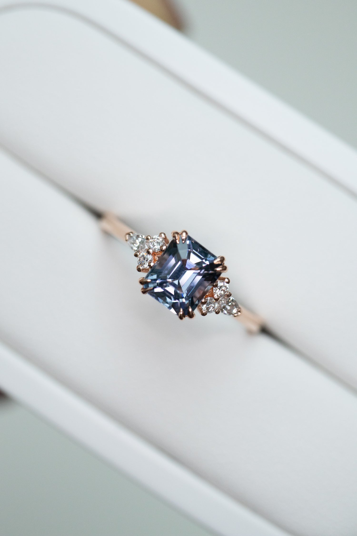 1.30ct Emerald Greyish Blue Spinel & diamonds 18K Rose Gold Ring