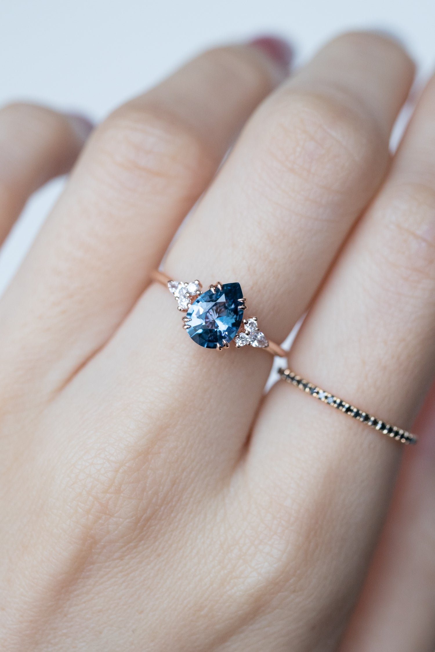 1.65ct Pear Greyish Blue Spinel & diamonds 18K Rose Gold Ring