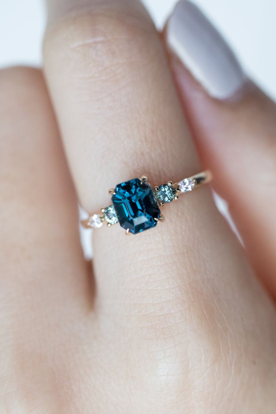 1.33ct Emerald Teal Blue Spinel with Teal Sapphire & 0.07ct Diamonds 18K Yellow Gold Ring