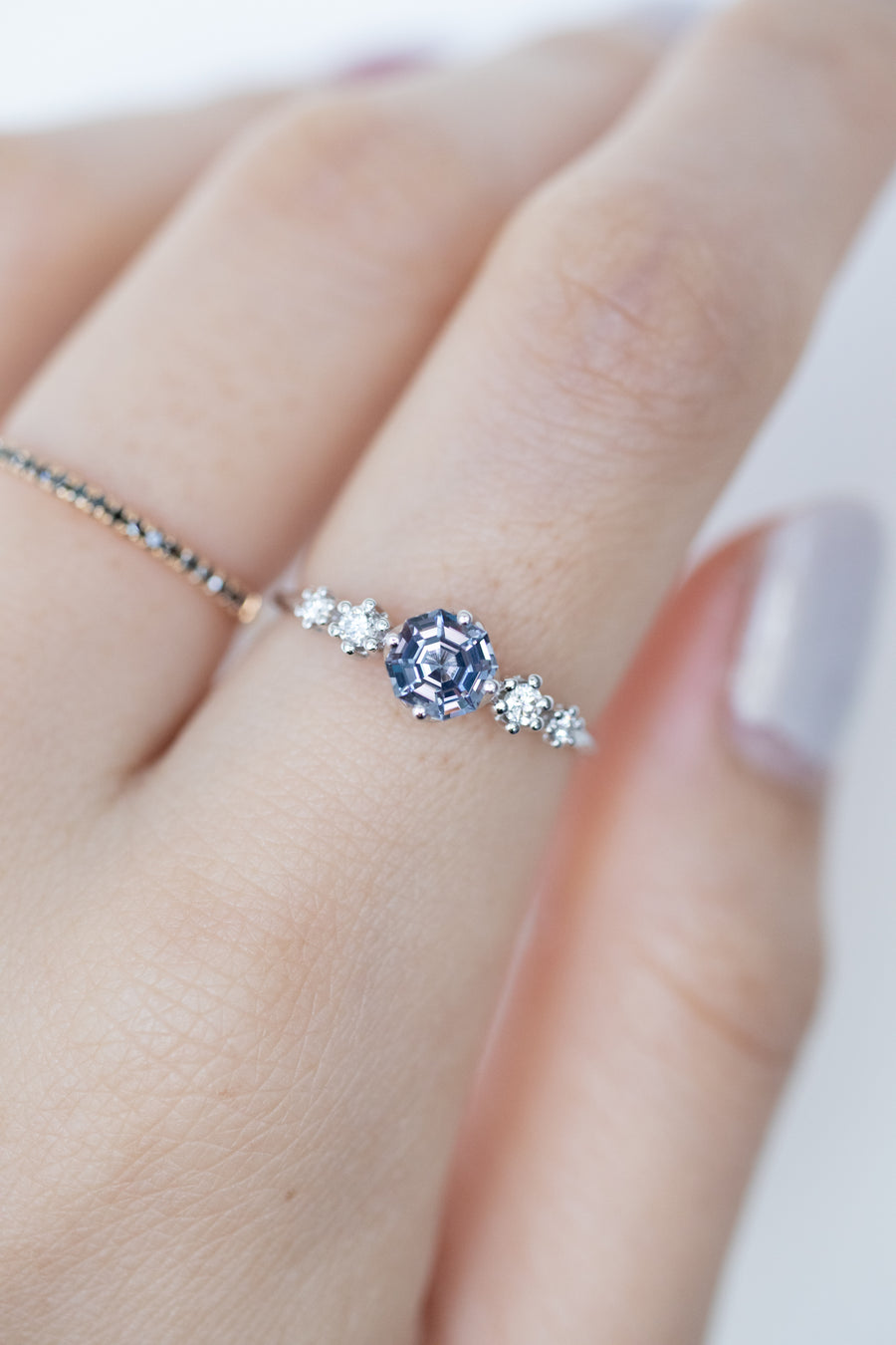 0.60ct Octagon Greyish Blue Spinel & 0.10ct Diamonds 14K White Gold Ring