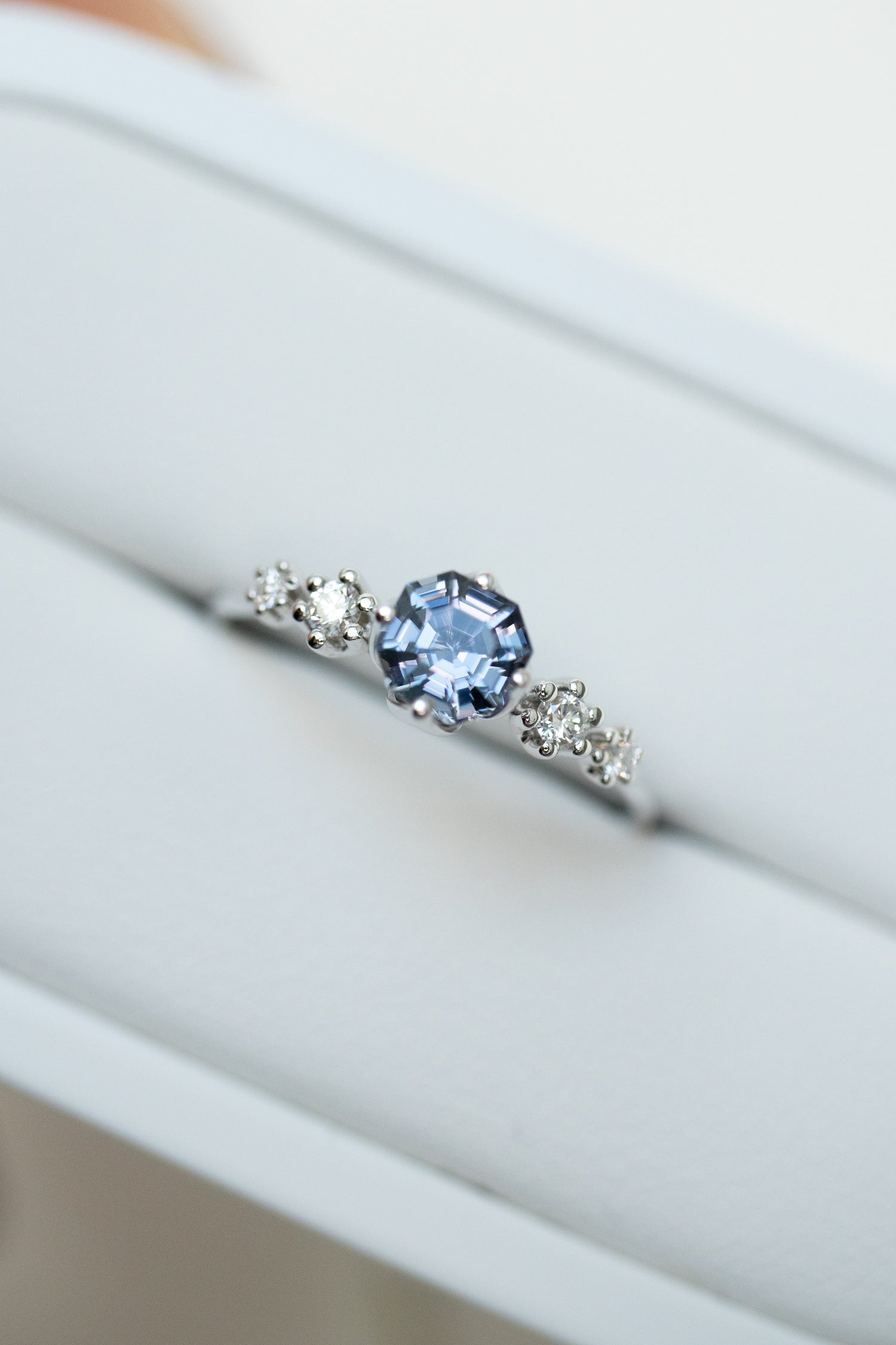 0.60ct Octagon Greyish Blue Spinel & diamonds 14K White Gold Ring
