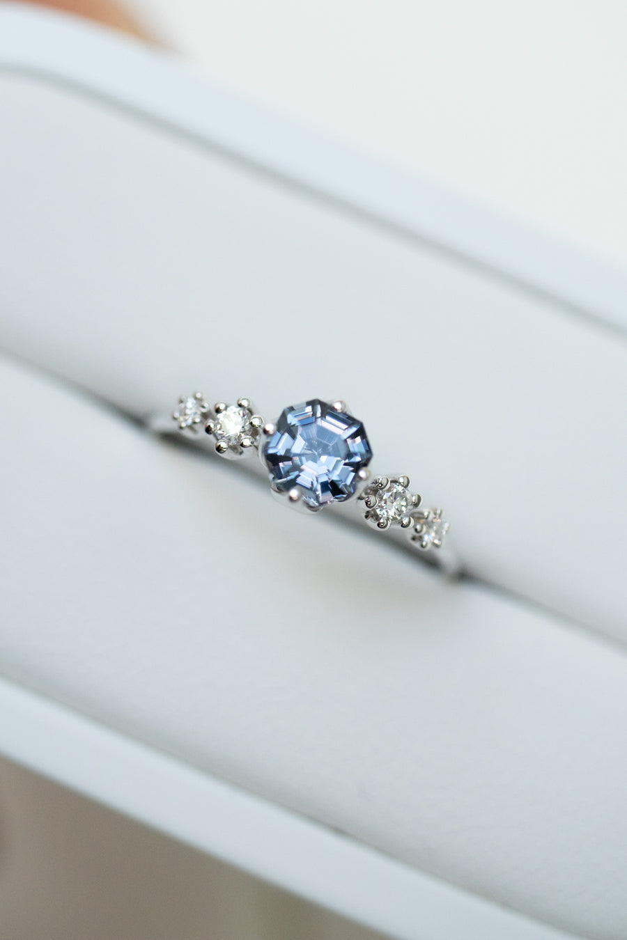 0.60ct Octagon Greyish Blue Spinel & diamond 14K White Gold Ring