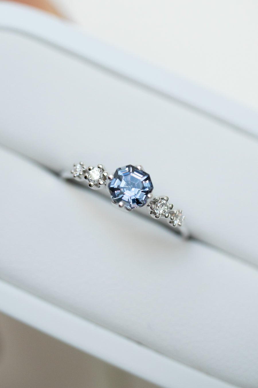 0.60ct Octagon Greyish Blue Spinel & 0.10ct Diamonds 14K White Gold Ring