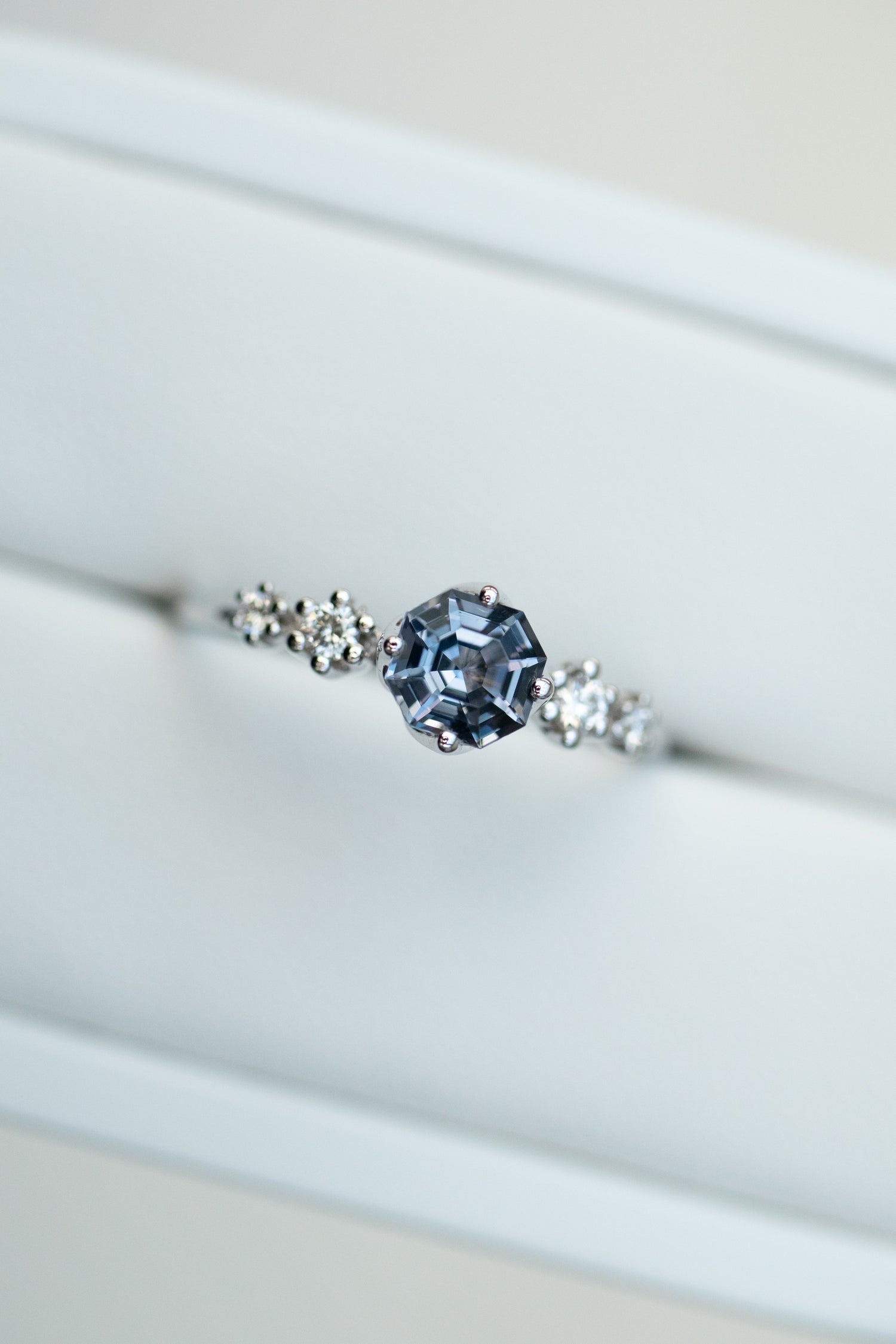 0.60ct Octagon Greyish Blue Spinel & diamonds 14K White Gold Ring