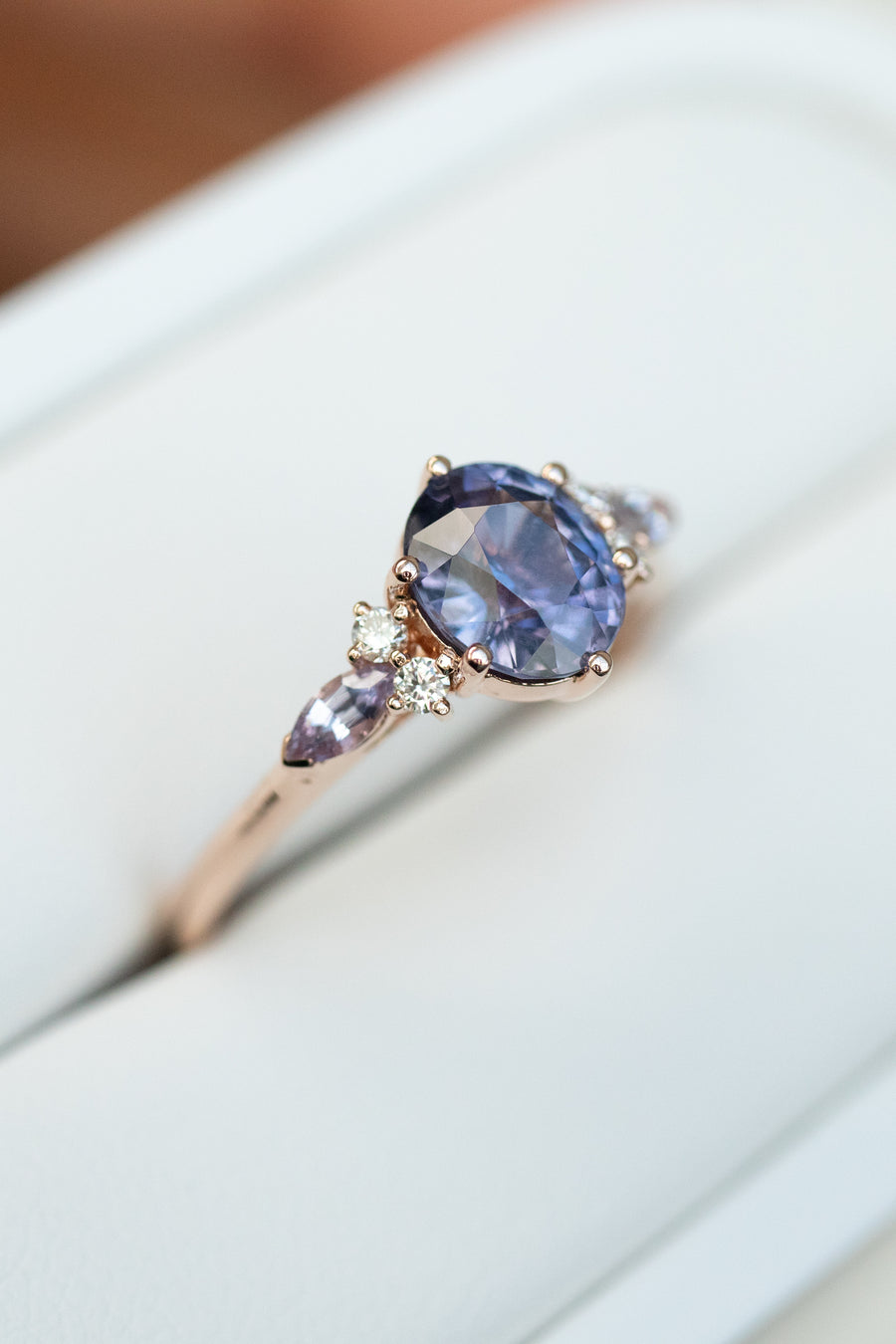 1.14ct Oval Lavender Spinel (Unheated with Certificate) with Marquise Sapphire & diamond 18K Rose Gold Ring