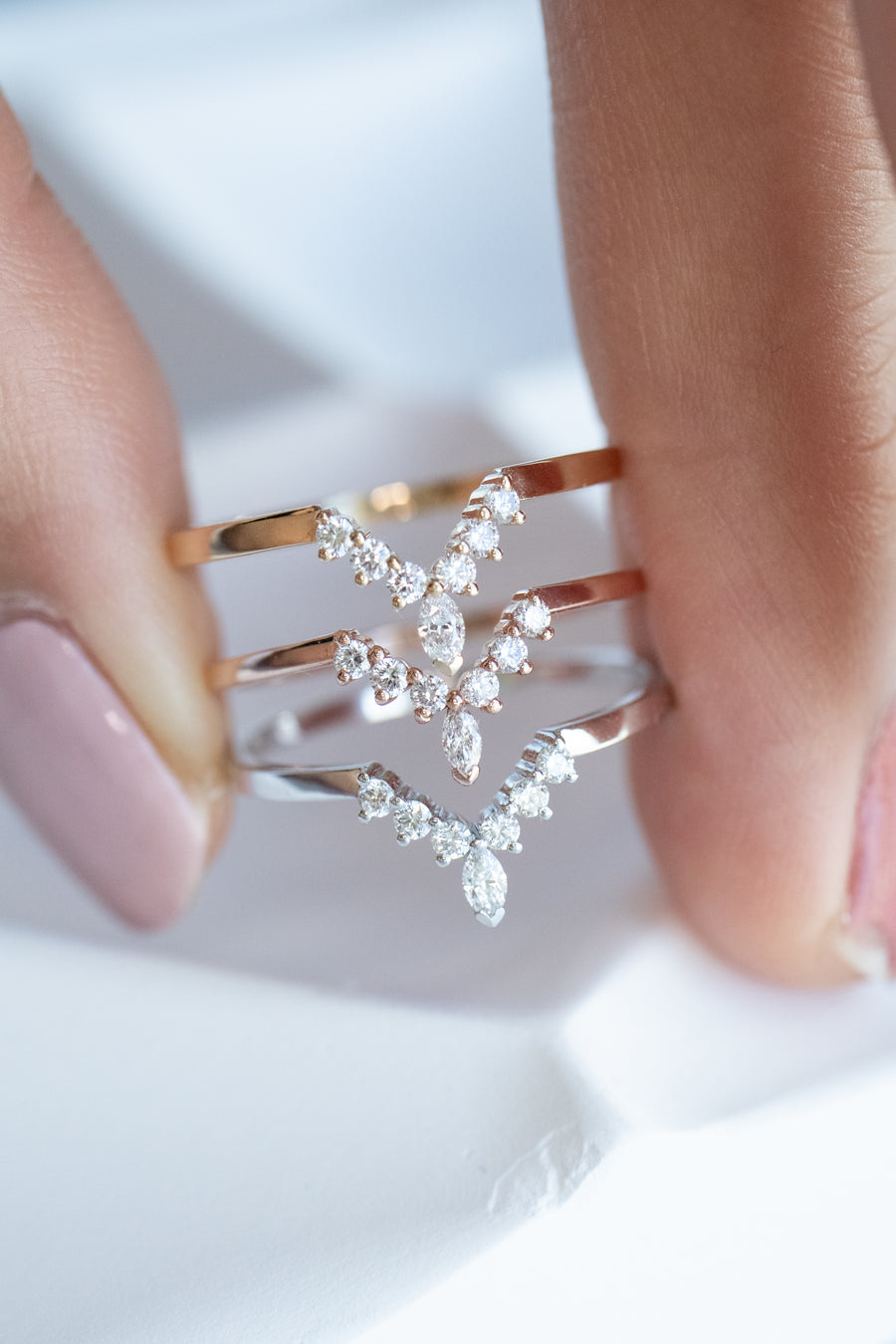 V Shape Top Quality Diamond 14K/18K Gold Stacking Ring