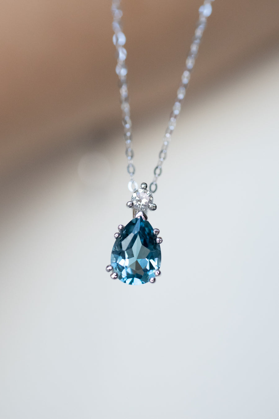 ~0.8ct Teardrop London Blue Topaz & Diamond Necklace