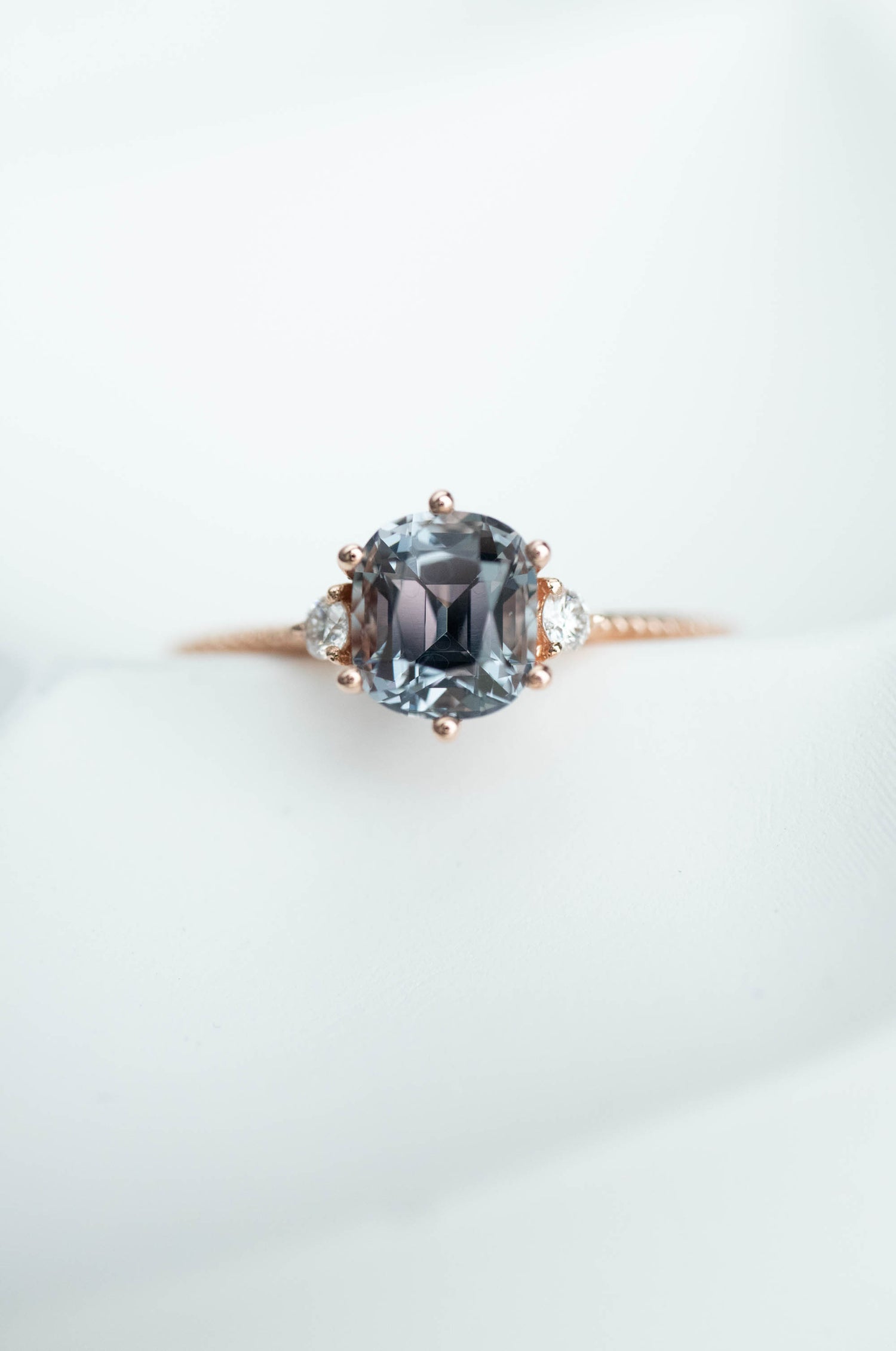 1.07ct Cushion Grey Spinel (Unheated with Certificate) & diamonds 18K Rose Gold Ring