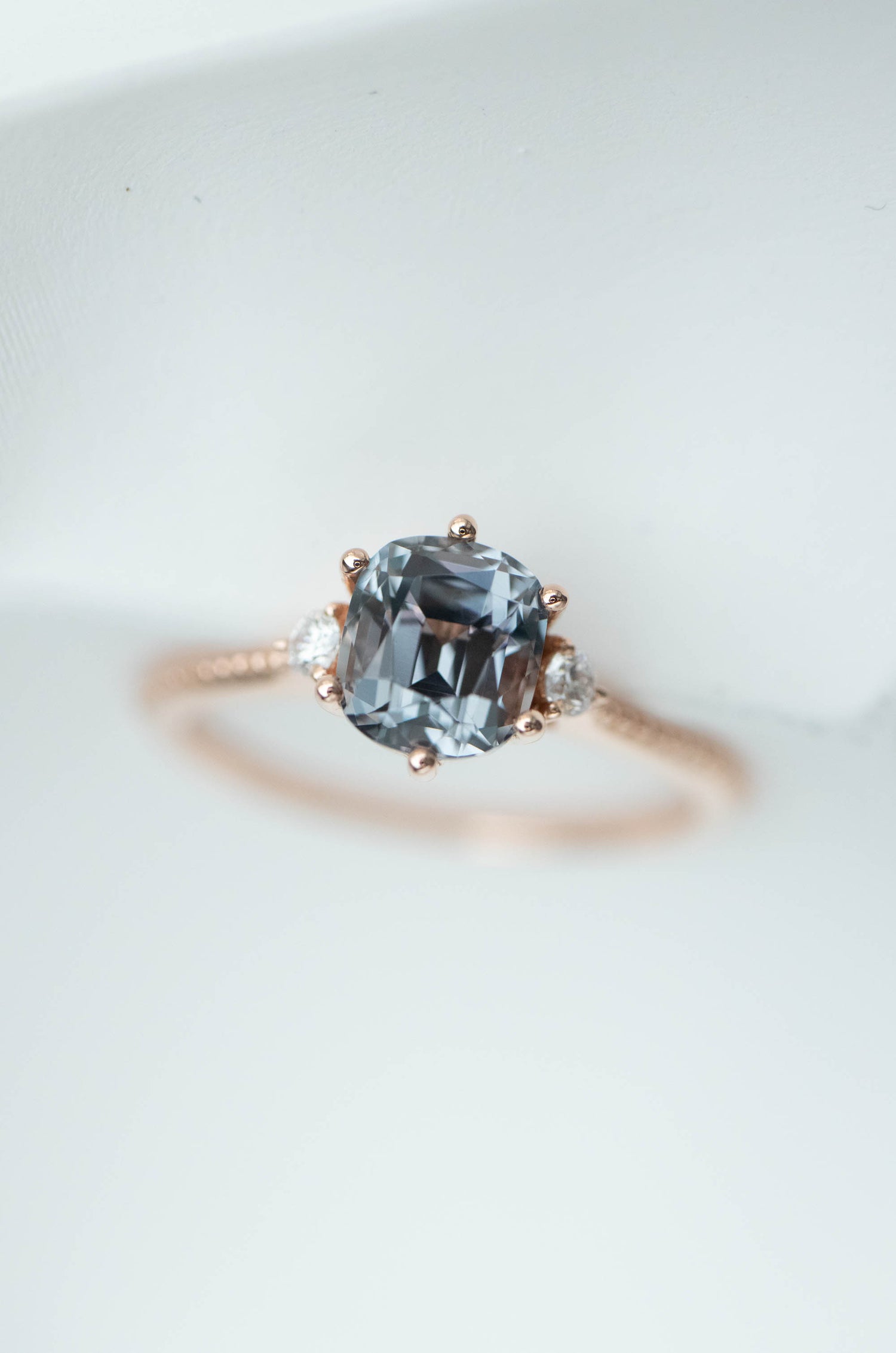 1.07ct Cushion Grey Spinel (Unheated with Certificate) & diamonds 18K Rose Gold Ring