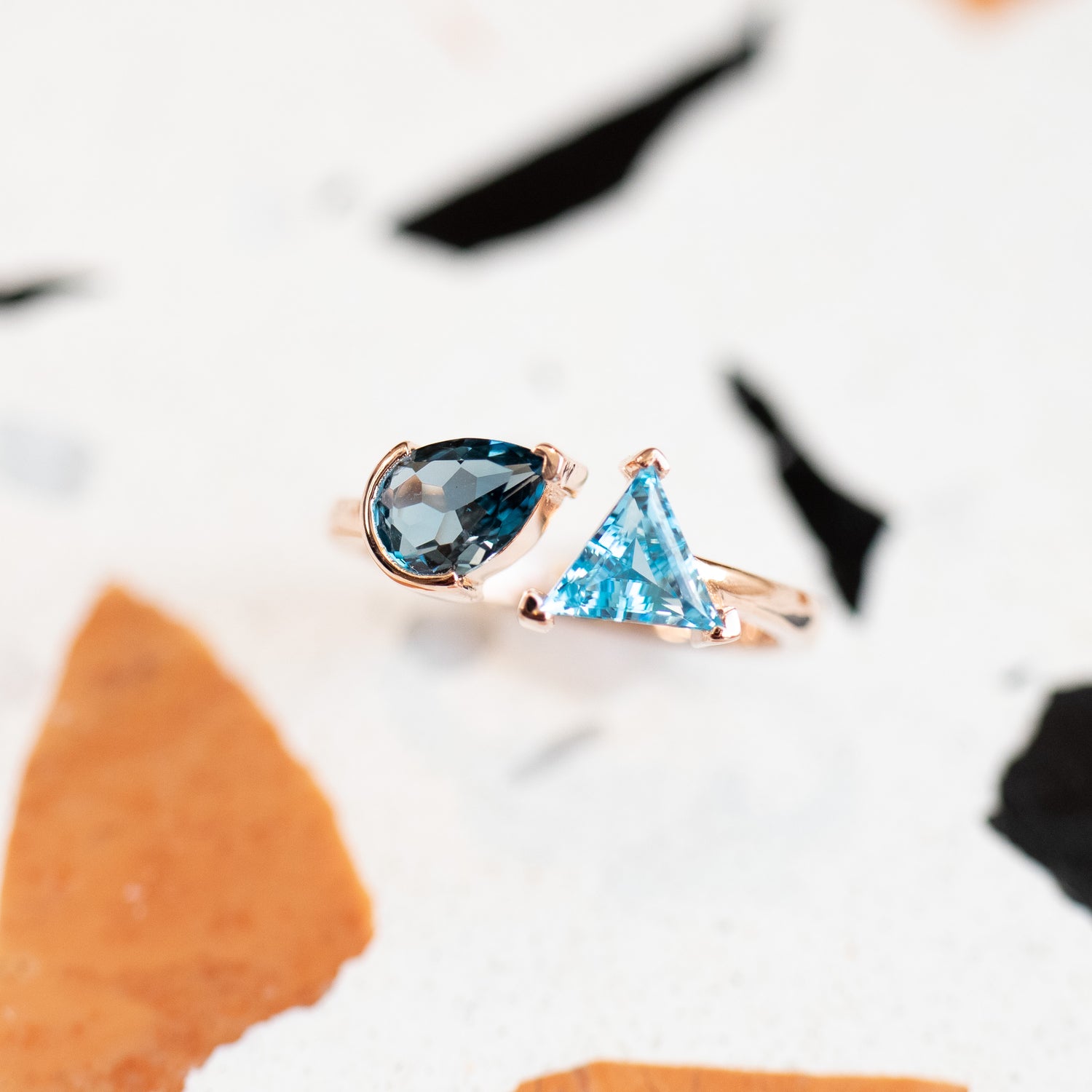 PREORDER - Pear and Triangle Topaz ~0.65ct each 14/ 18K Gold Open Ring