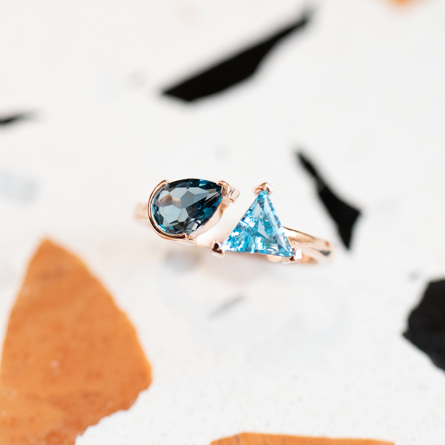 PREORDER - Pear 0.69ct and Triangle 0.69ct Topaz 14K / 18K Gold Open Ring
