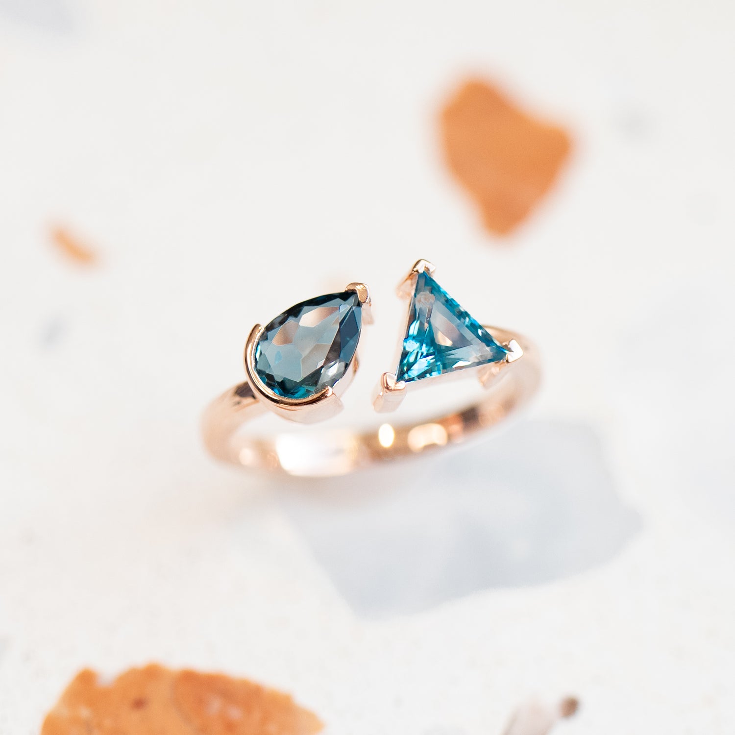 PREORDER - Pear and Triangle Topaz ~0.65ct each 14/ 18K Gold Open Ring