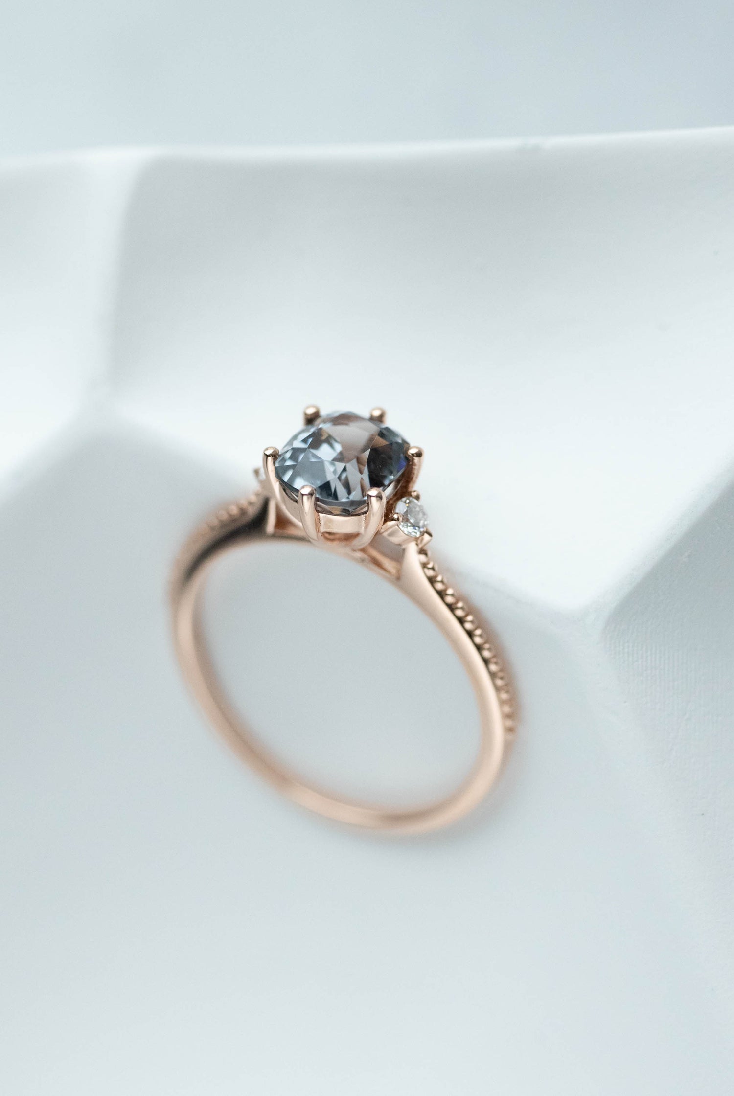 1.07ct Cushion Grey Spinel (Unheated with Certificate) & diamonds 18K Rose Gold Ring