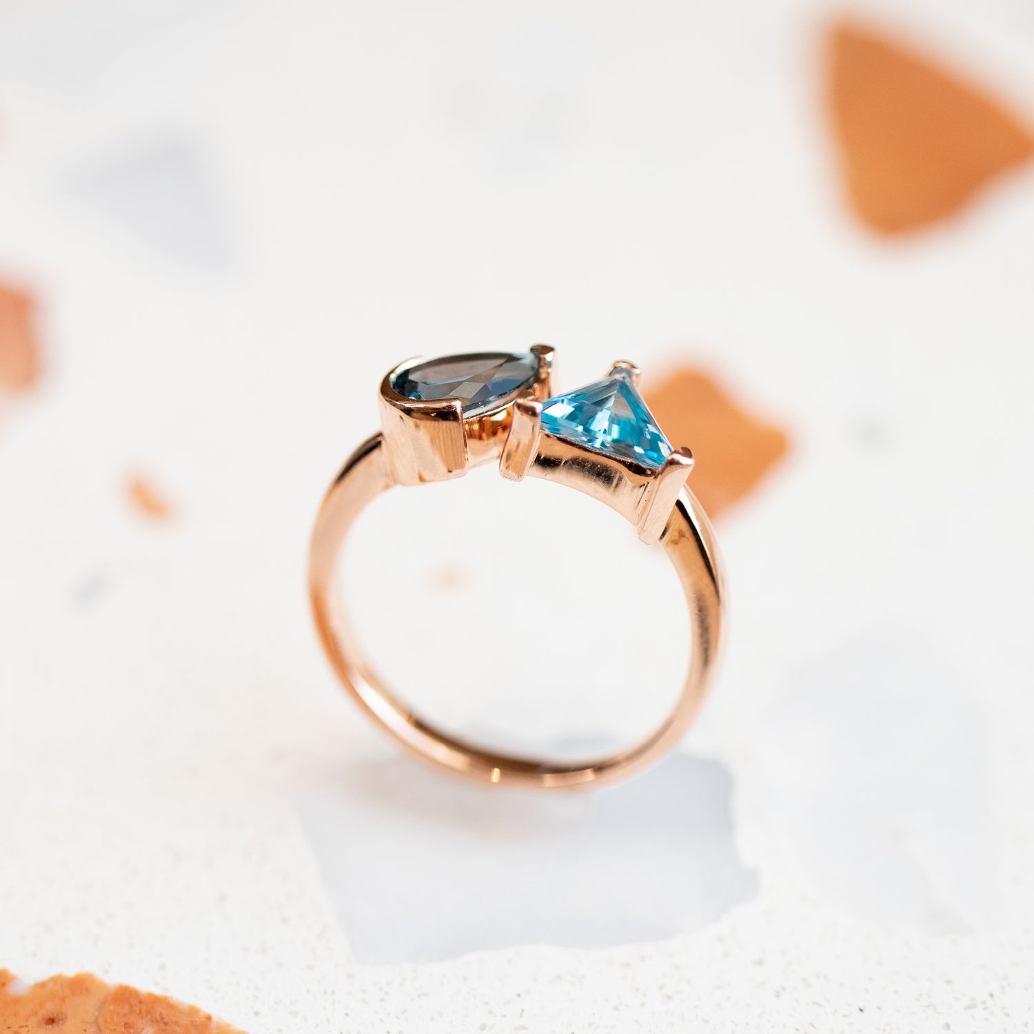 PREORDER - Pear and Triangle Topaz ~0.65ct each 14/ 18K Gold Open Ring