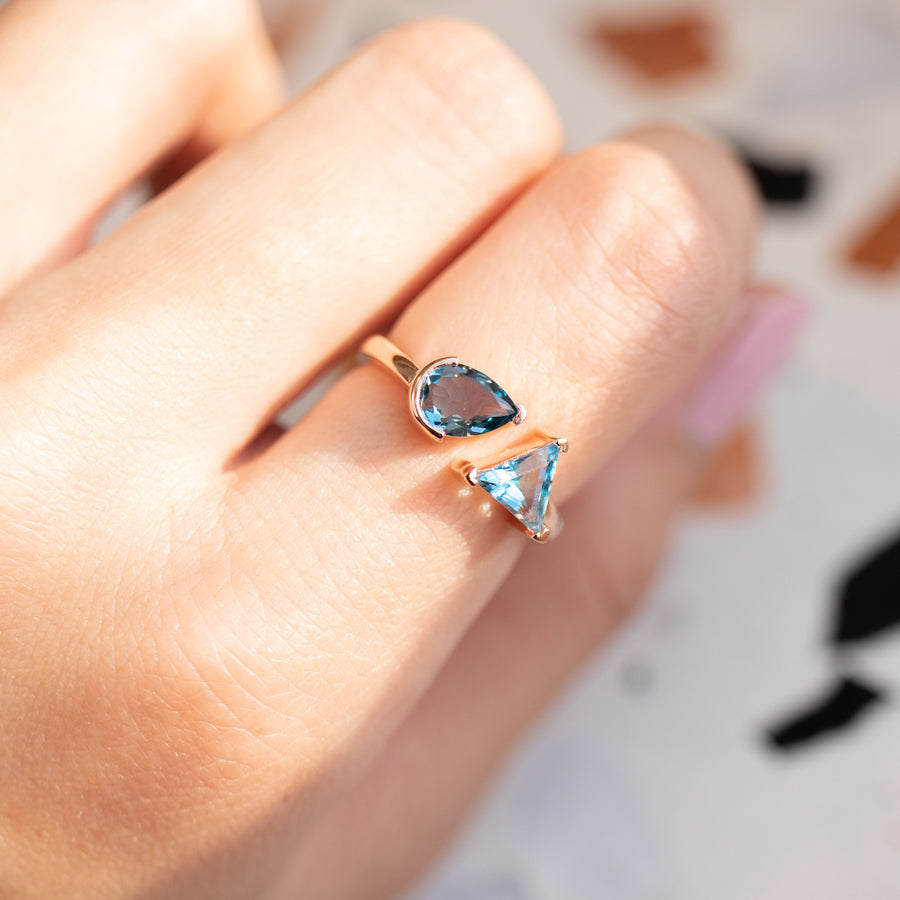 PREORDER - Pear 0.69ct and Triangle 0.69ct Topaz 14K / 18K Gold Open Ring