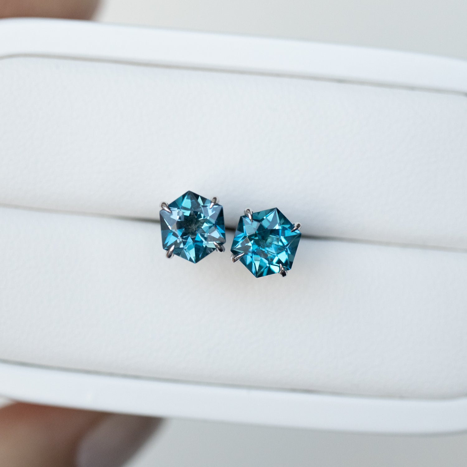 PREORDER - Signature Hexagon London Blue Topaz ~1.20+1.20ct 18K White Gold Earrings