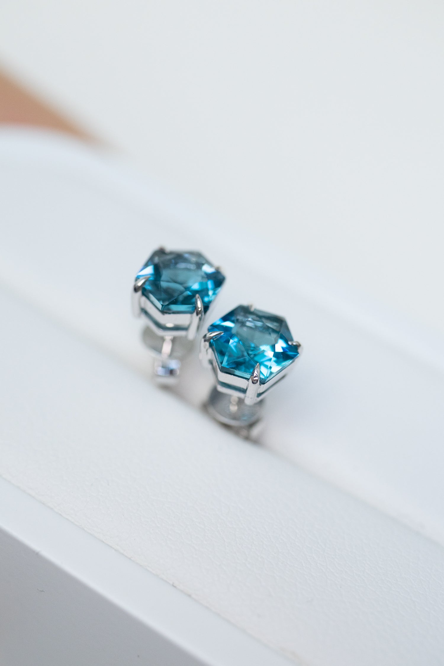 PREORDER - Signature Hexagon London Blue Topaz ~1.20+1.20ct 18K White Gold Earrings